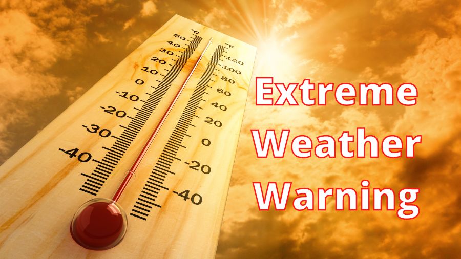 The words, "Extreme Weather Warning" superimposed upon a thermometer and an golden sky